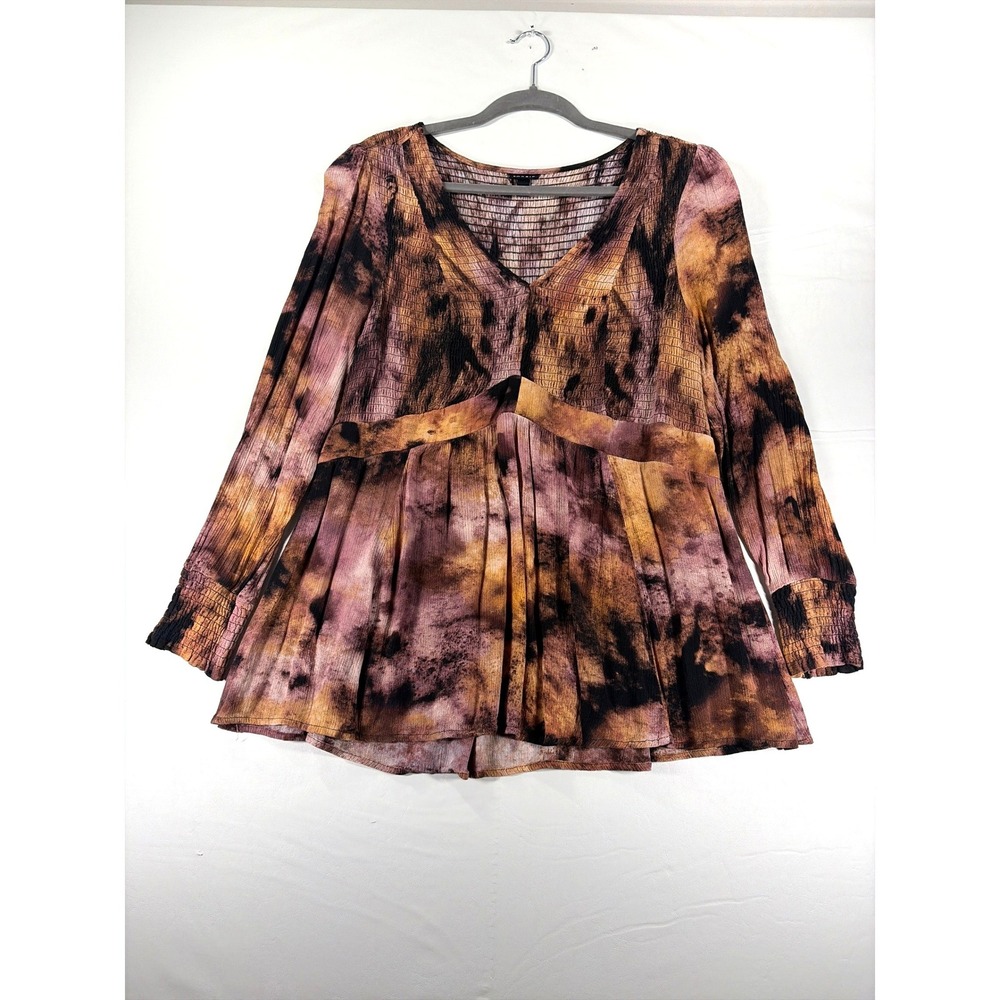 Torrid Tie Dye Smocked Babydoll Top Brown Purple Y2K Long Sleeve Blouse Size 1